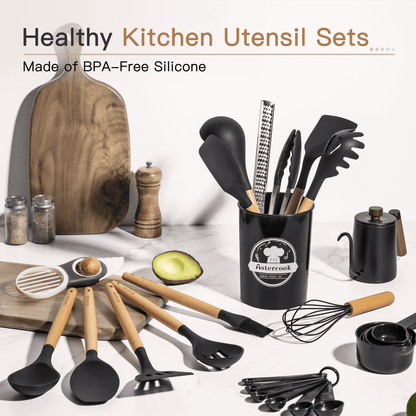 Silicone Cooking Utensils Set, 38 PCS Kitchen Utensils Set for 446°F Heat Resistant, Food Grade Utensil Sets with Wooden Handle, Kitchen Gadgets for Nonstick Cookware BPA Free (Black)
