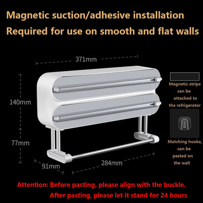 Plastic Wrap Dispenser 3In1 Magnetic & Self Adhesive Cling Film Dispenser Cutter Kitchen Tool Aluminum Foil Baking Paper Cutter