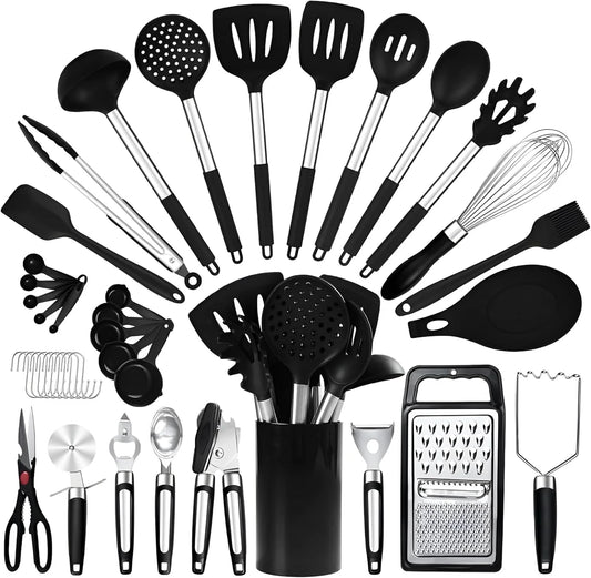 40Pcs Silicone Cooking Utensils Set 446℉ Heat Resistance, RFAQK BPA Free Kitchen Utensils Set for Nonstick Cookware, Gadgets Includes Can Opener, Potato Smasher,Peeler,Tongs,Spatula Set,Pizza Cutter