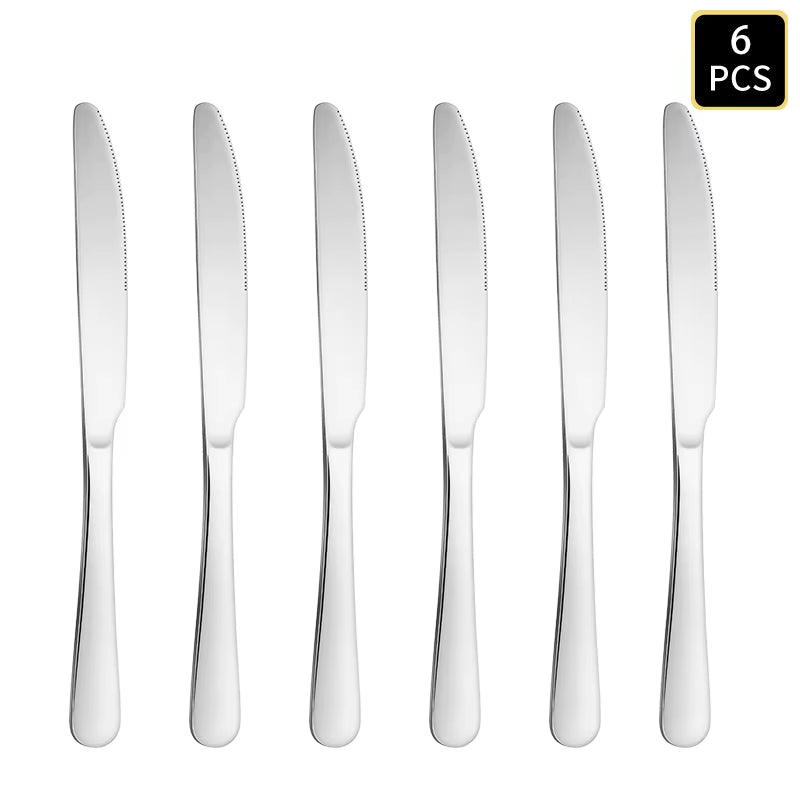 4/6/16/24Pcs Silver Stainless Steel Cutlery 1010 round Handle Knife, Fork and Spoon Cutlery Set Suitable for Family Dinner Hotel