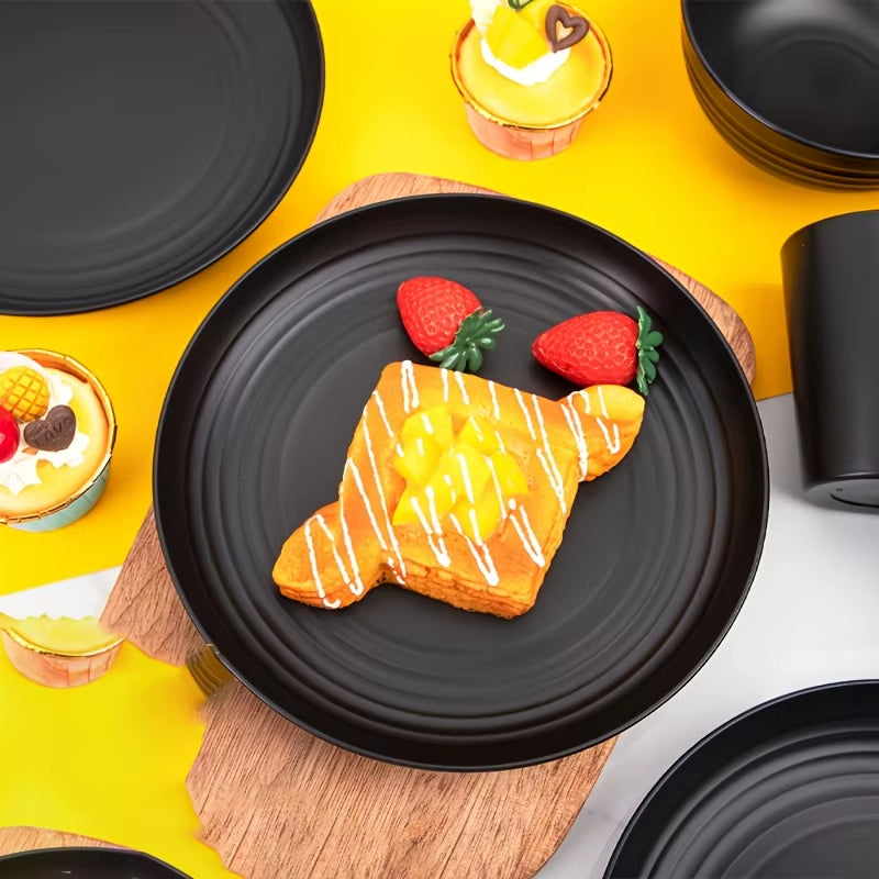16Pcs Unbreakable Tableware Set Shatterproof 8 Plates 4 Bowls 4 Cups Microwave Dishwasher Safe for Camping Daily Use Black