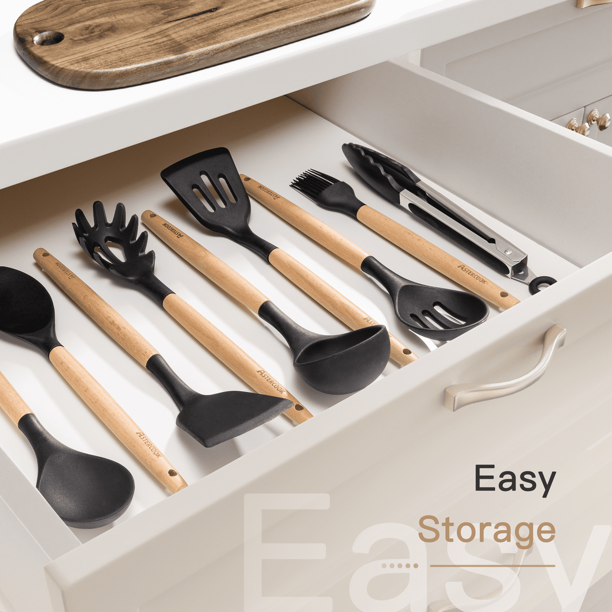 Silicone Cooking Utensils Set, 38 PCS Kitchen Utensils Set for 446°F Heat Resistant, Food Grade Utensil Sets with Wooden Handle, Kitchen Gadgets for Nonstick Cookware BPA Free (Black)