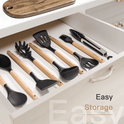Silicone Cooking Utensils Set, 38 PCS Kitchen Utensils Set for 446°F Heat Resistant, Food Grade Utensil Sets with Wooden Handle, Kitchen Gadgets for Nonstick Cookware BPA Free (Black)