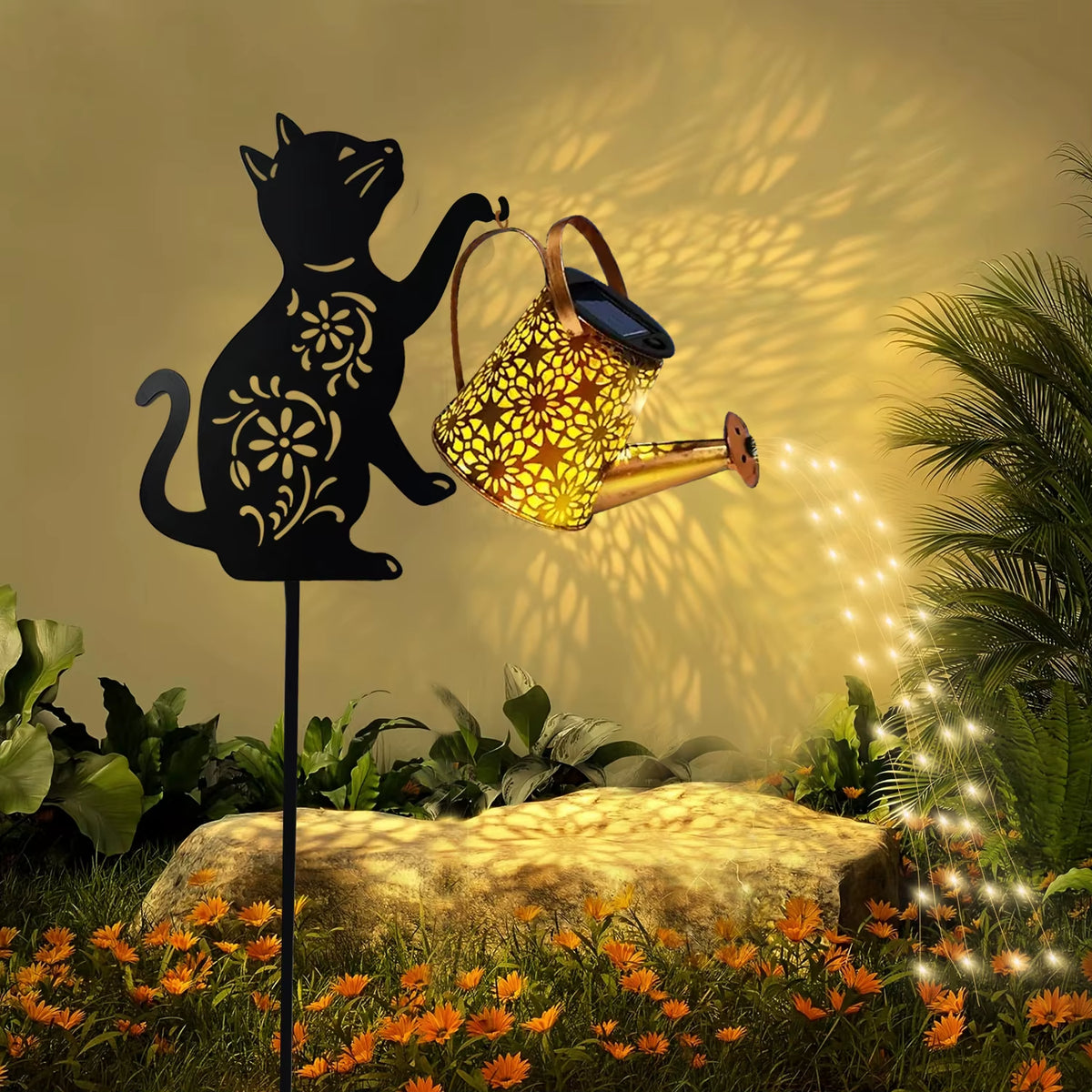 1 Outdoor Solar Cat/Dog Silhouette Watering Can Light - Hanging Solar Garden Decor for Lawn, Backyard, Pathway, and Patio