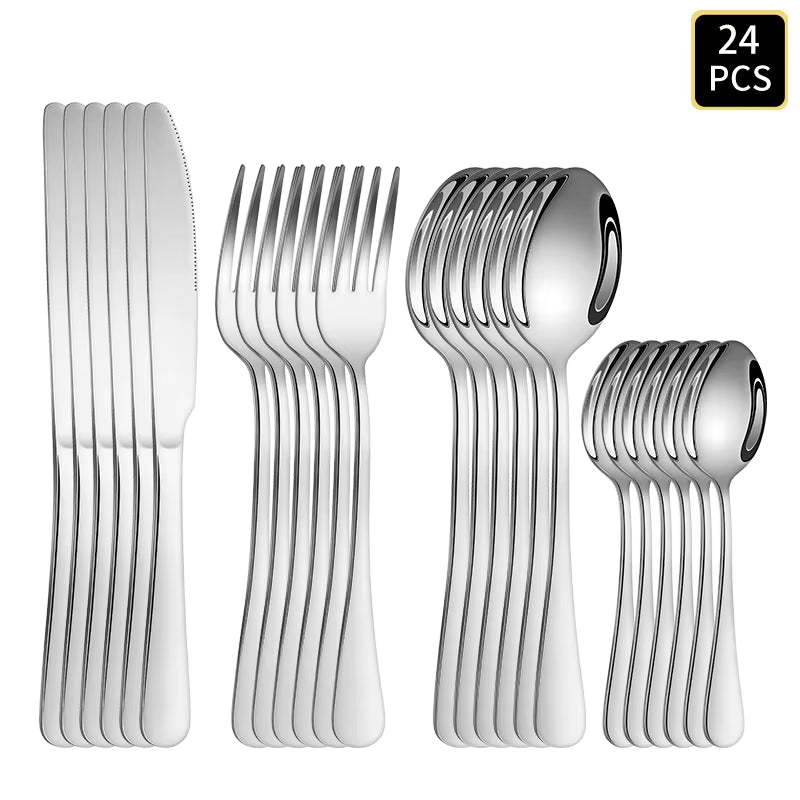 4/6/16/24Pcs Silver Stainless Steel Cutlery 1010 round Handle Knife, Fork and Spoon Cutlery Set Suitable for Family Dinner Hotel