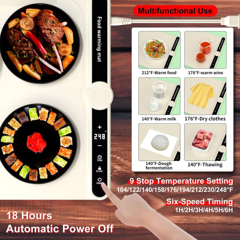 Upgrated Food Warming Mat,Foldable Electric Warming Tray, Adjustable Max Temperature 212°F,Warming Tray for Buffets Party ,Full Surface Heating for Tableware and Coasters,Premium Silicone Nano-Material,Thanksgiving,Christmas Adjustable Electric