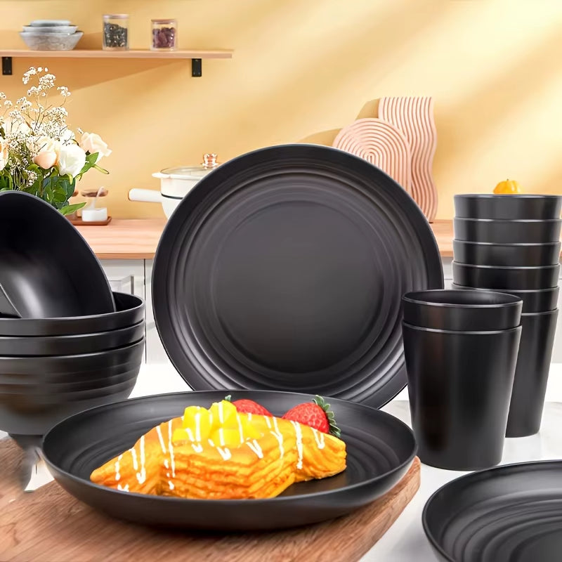 16Pcs Unbreakable Tableware Set Shatterproof 8 Plates 4 Bowls 4 Cups Microwave Dishwasher Safe for Camping Daily Use Black